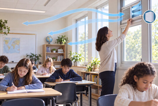 Teacher opening classroom ventilation with an airflow diagram