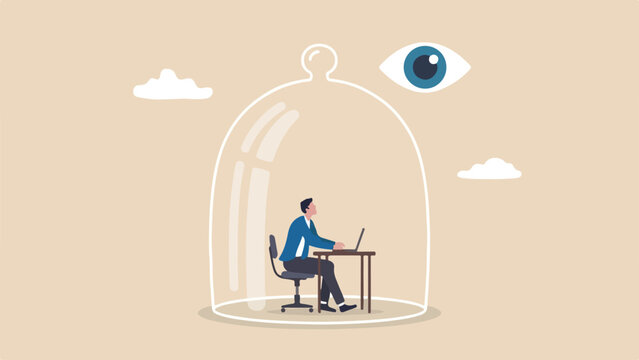 Workplace micromanagement feeling watched surveillance concept tiny employee sitting at desk typing under giant transparent glass cloche dome clean minimal flat vector illustration