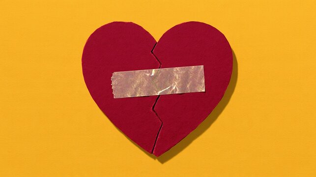 Broken red paper heart fixed with holographic adhesive tape placed on bright yellow background, concept of heartbreak and healing after love.