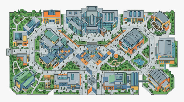 Aerial View of University Campus with Modern Buildings and Central Plaza