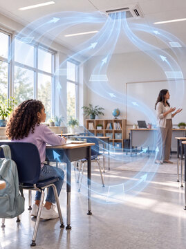 Student and teacher in a classroom with room airflow visualization
