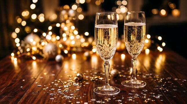 Two crystal champagne flutes filled with sparkling wine stand on a dark wooden table against a warm festive background of glowing gold bokeh lights.