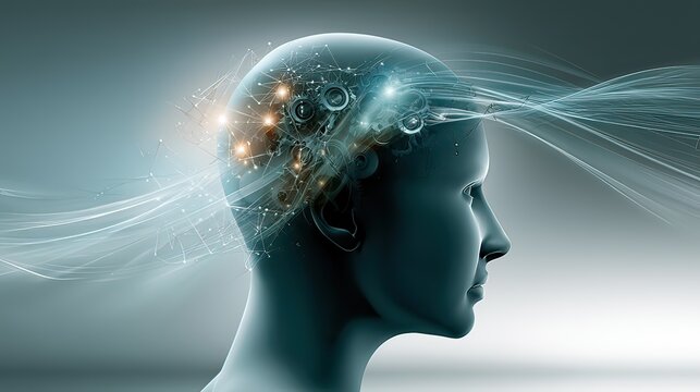 Abstract representation of human mind with glowing connections and flowing elements symbolizing thoughts and creativity