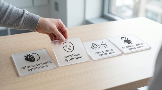 Doctor selects square acrylic cards displaying icons and names of rare syndromes like Moebius and Nail Patella.