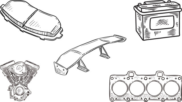 Car tuning and performance parts feature detailed sketches including a spoiler engine and battery.