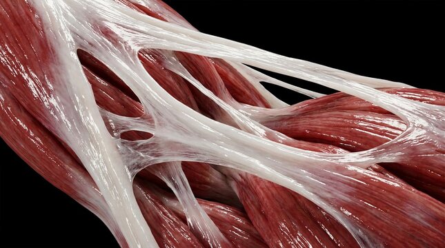 Macro view of branched myofascial tissue bands on muscle