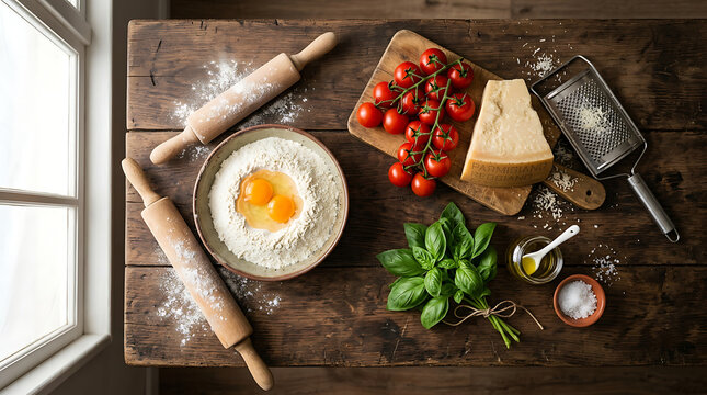 Overhead View of Fresh Italian Pasta Making Ingredients