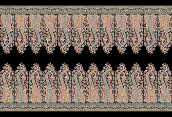 Traditional Indian paisley floral ethnic border pattern on black background for garment print, kurti, saree, dupatta, and textile design. © SS_creation