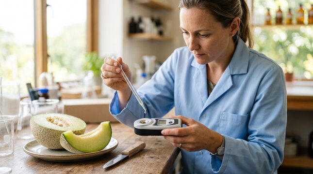 Female agricultural scientist in a lab coat using a digital refractometer to test brix sugar content of fresh cantaloupe melon, representing fruit quality control and food science research.