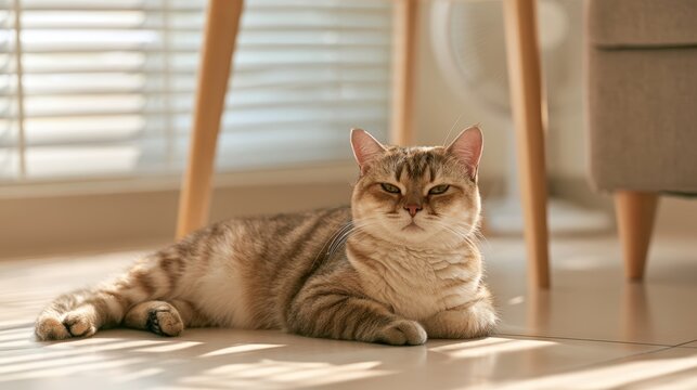 Brown tabby cat lying on a sunlit floor beside wooden furniture and a window with horizontal blinds in a warm indoor domestic setting