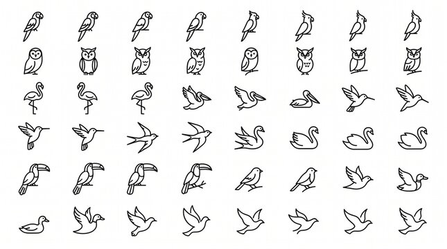 Minimalist black line icon set featuring parrots, owls, flamingos, pelicans, hummingbirds, swallows, swans, toucans, songbirds, ducks, and flying birds.