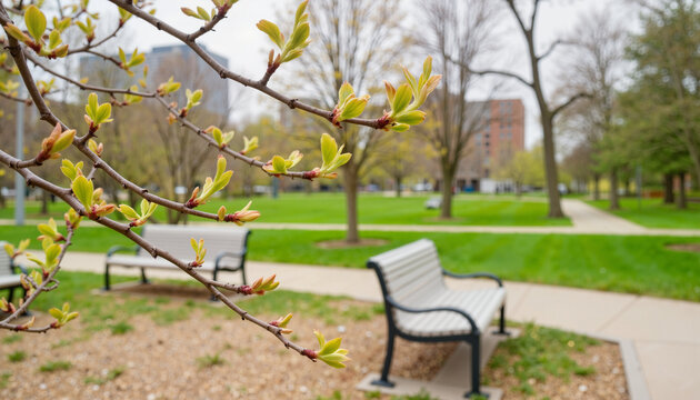Young buds on a tree in urban park during springtime, nature's renewal