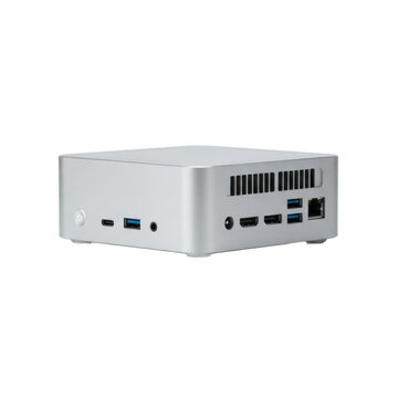 Small silver mini computer pc with multiple ports isolated on white background, illustration