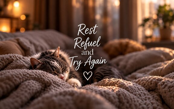 Cozy motivational quote &ldquo;Rest, Refuel and Try Again&rdquo; with a sleeping cat on a soft bed, promoting recovery, self-care, renewal, and gentle perseverance.
