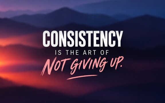 Motivational quote &ldquo;Consistency Is the Art of Not Giving Up&rdquo; on a moody mountain background, inspiring discipline, persistence, resilience, and determination.