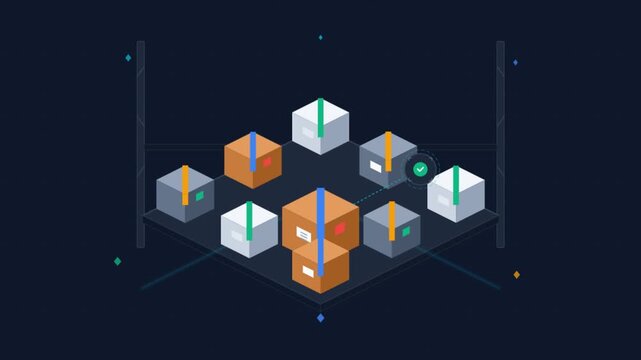 Isometric animation of boxes sorted in a virtual warehouse logistics system