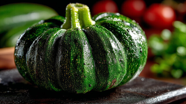Fresh whole green pattypan squash sitting on a dark kitchen board with green vegetable