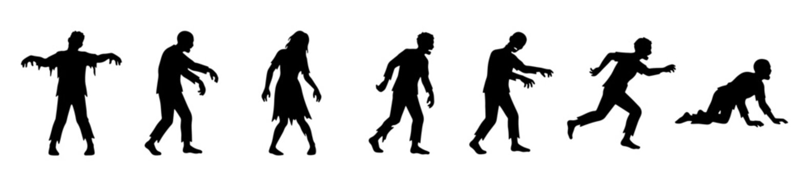Zombie silhouettes set with figures walking, running and crawling for Halloween design