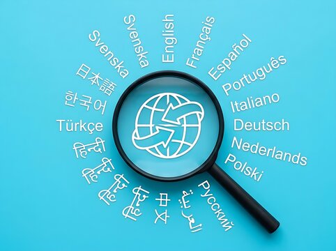 Global Translation and Language Learning Concept with Magnifying Glass and World Globe Icon