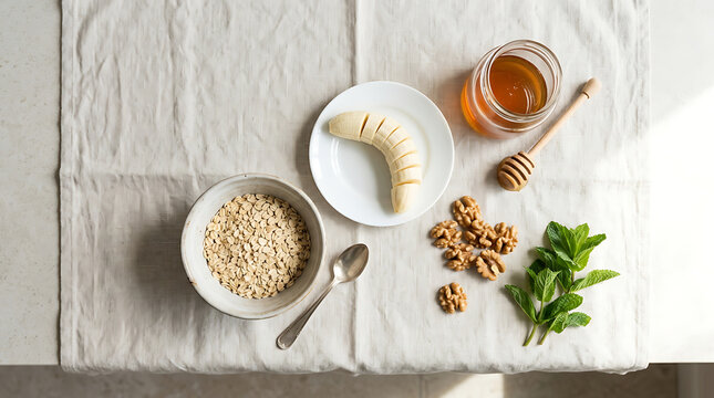 Overhead View of Fresh Breakfast Ingredients on Linen Surface