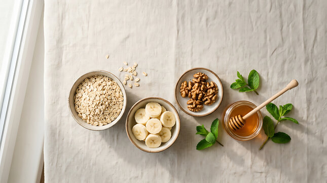 Overhead View of Fresh Breakfast Ingredients on Linen Surface