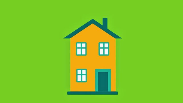Yellow two-story house icon flat vector illustration isolated on green background.