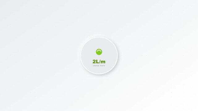 Minimal circular water flow rate gauge animation displaying 2 liters per minute, ideal for water monitoring, consumption tracking, smart meters, plumbing systems, sustainability, and resource manage