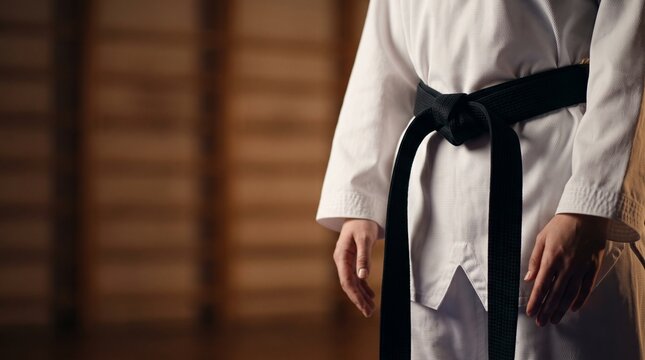 Taekwondo Black Belt Close Up with Dojang Copy Space