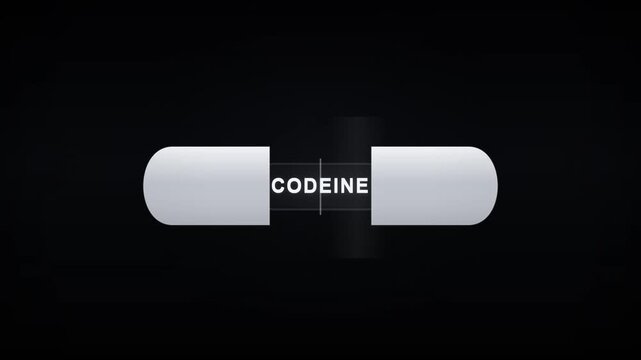 Opening medicine capsule revealing codeine text with dramatic lighting, pharmaceutical concept animation on dark background.