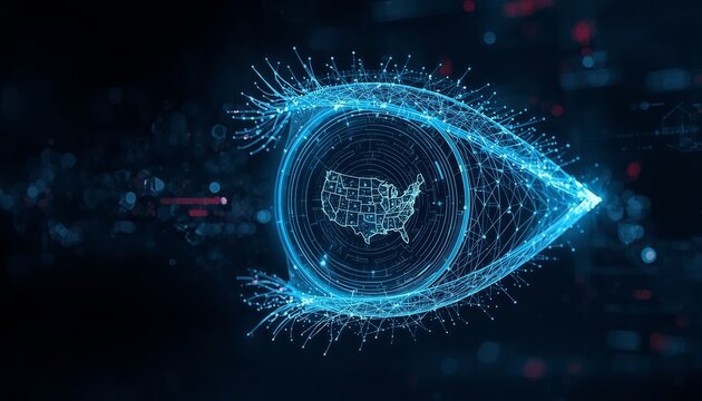 Digital cyber eye with USA map inside pupil for security concept