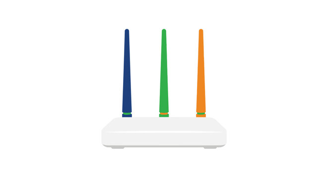 Wireless router with three antennas stands on a white surface