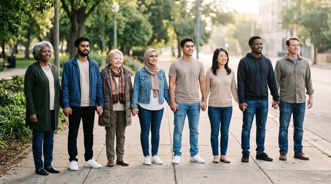 Diverse group of citizens standing line holding hands along city sidewalk symbolizing community unity togetherness and inclusion