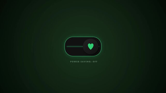 Modern heart health status toggle animation with glowing green heart icon on a dark background, ideal for healthcare apps, wellness monitoring, fitness tracking, medical technology, patient care