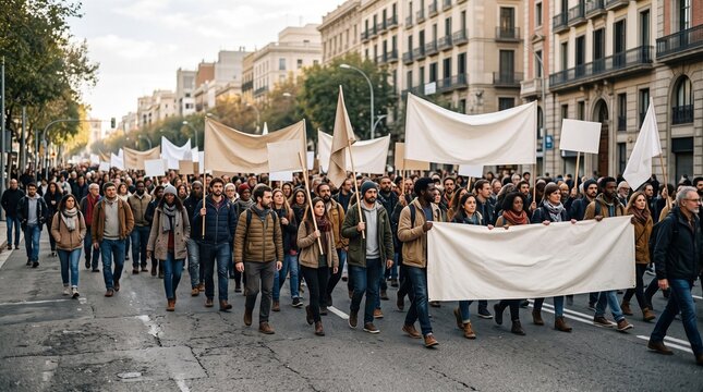 Large crowd of peaceful demonstrators holding blank white banners marching on city street representing social movement and freedom of speech