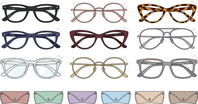 Collection of colorful fashion eyeglass frames and protective optical storage cases set vector graphic illustration template