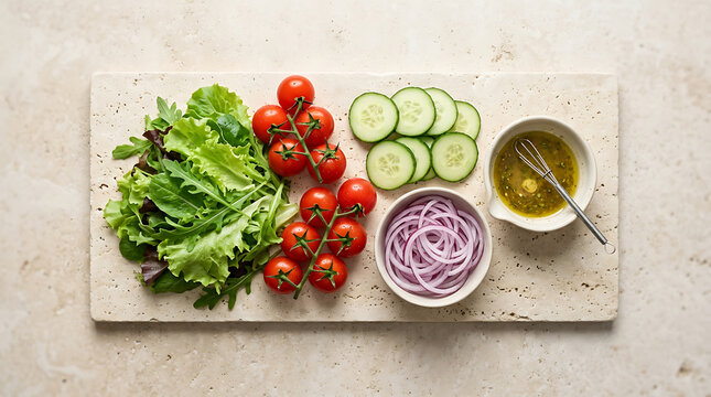 Overhead View of Fresh Garden Salad Ingredients on Stone Surface