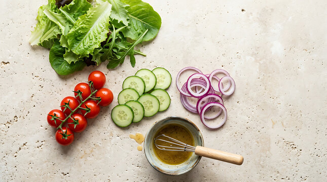 Overhead View of Fresh Garden Salad Ingredients on Stone Surface
