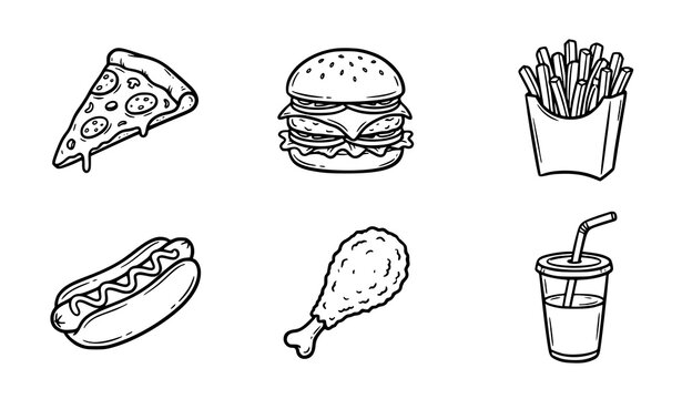 Six Hand Drawn Fast Food Outline Icons with Pizza Burger Fries and Snacks