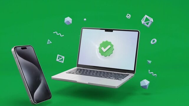 3D pop-up animation of data transfer from smartphone to laptop with success checkmark on screen