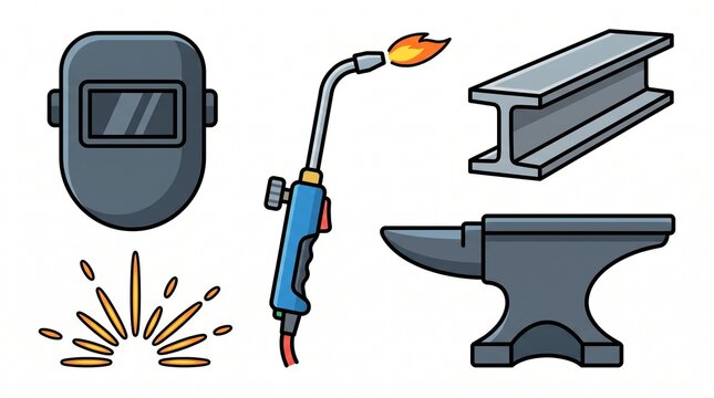 Cartoon metalworking set with welding helmet torch and anvil