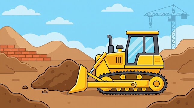 Cartoon bulldozer pushing dirt at construction site