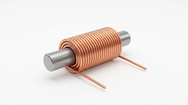 Wire coil wound around an iron core in 3D style on white background, electromagnet component
 
