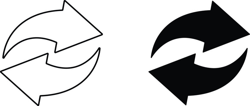 Refresh and reload arrow icons set, circular rotation symbols in outline and solid black styles on white background
