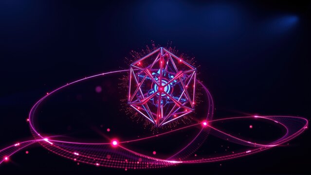 Glowing polygonal cube orbits lines, dots. Futuristic digital art, neon colors, dark background creates abstract visual.