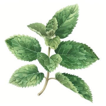 Detailed botanical illustration of fresh green mint sprig with serrated veined leaves on white background, vintage style isolated herb element with copy space