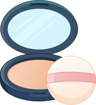 Illustration of an open dark blue face powder compact with an accompanying powder puff. The top lid is flipped open to reveal a light blue, oval-shaped mirror with subtle white reflection lines.