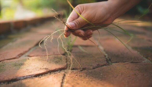 Close-up of a gardener's fingers pulling unwanted grass from the joints of reddish brown brick paving stones.