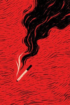 Graphic red and black illustration of a burning cigarette with thick dark smoke showing the harm of tobacco smoking for human body health