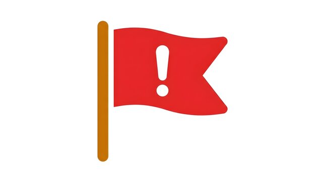 A bright red flag icon with an exclamation mark symbol representing a warning alert or an important notification sign