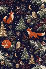 Fototapeta premium Festive woodland Christmas pattern with foxes, owls, birds, pine trees